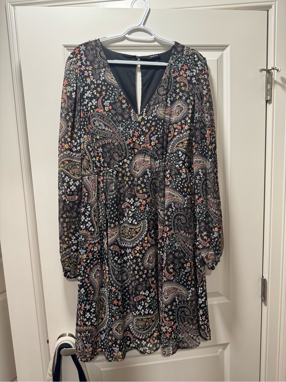 Black Paisley/Floral V-Neck Long-Sleeve Dress